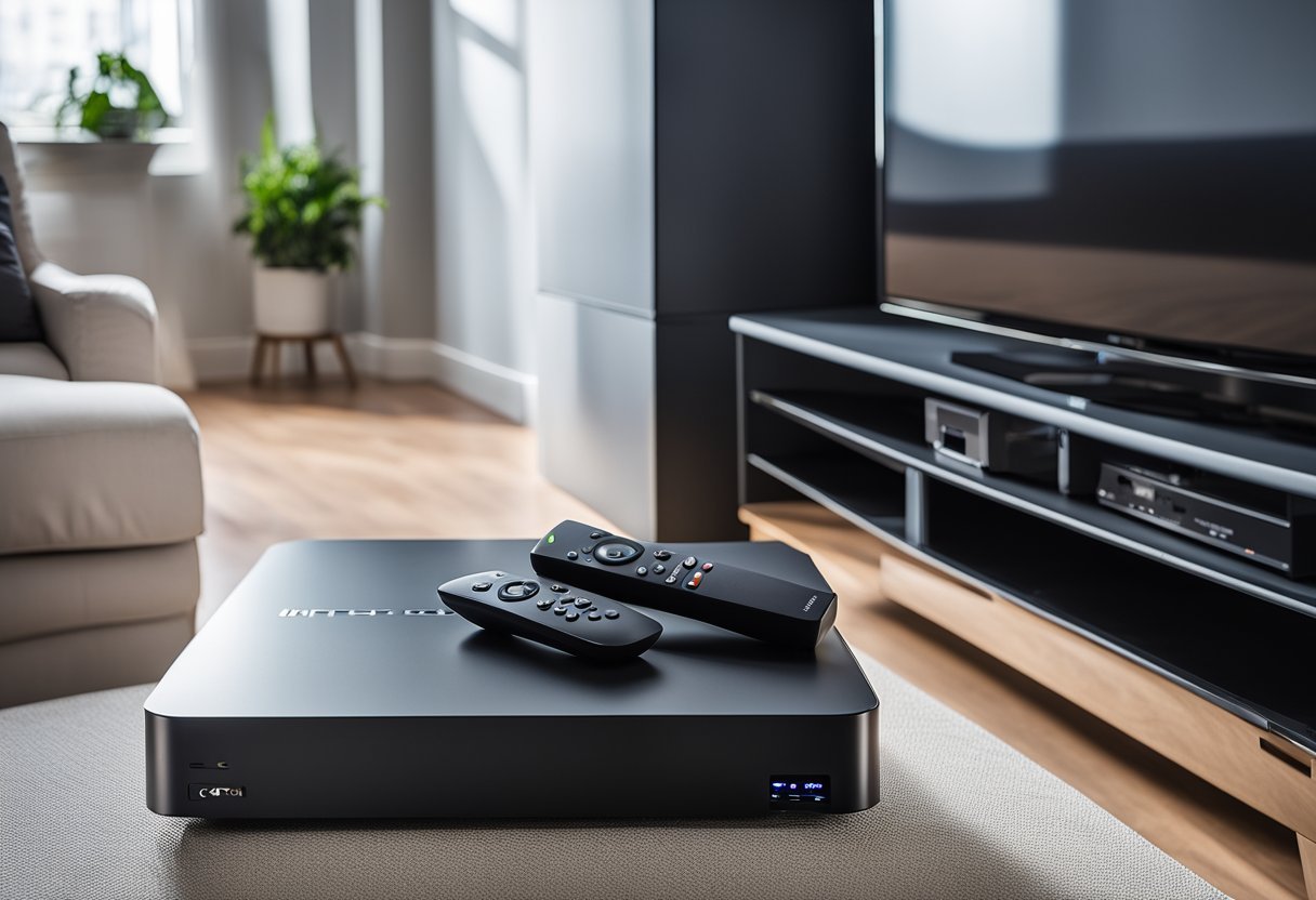 A sleek 4K Strong IPTV box stands next to a 4K OTT device on a modern entertainment center, with cables neatly organized