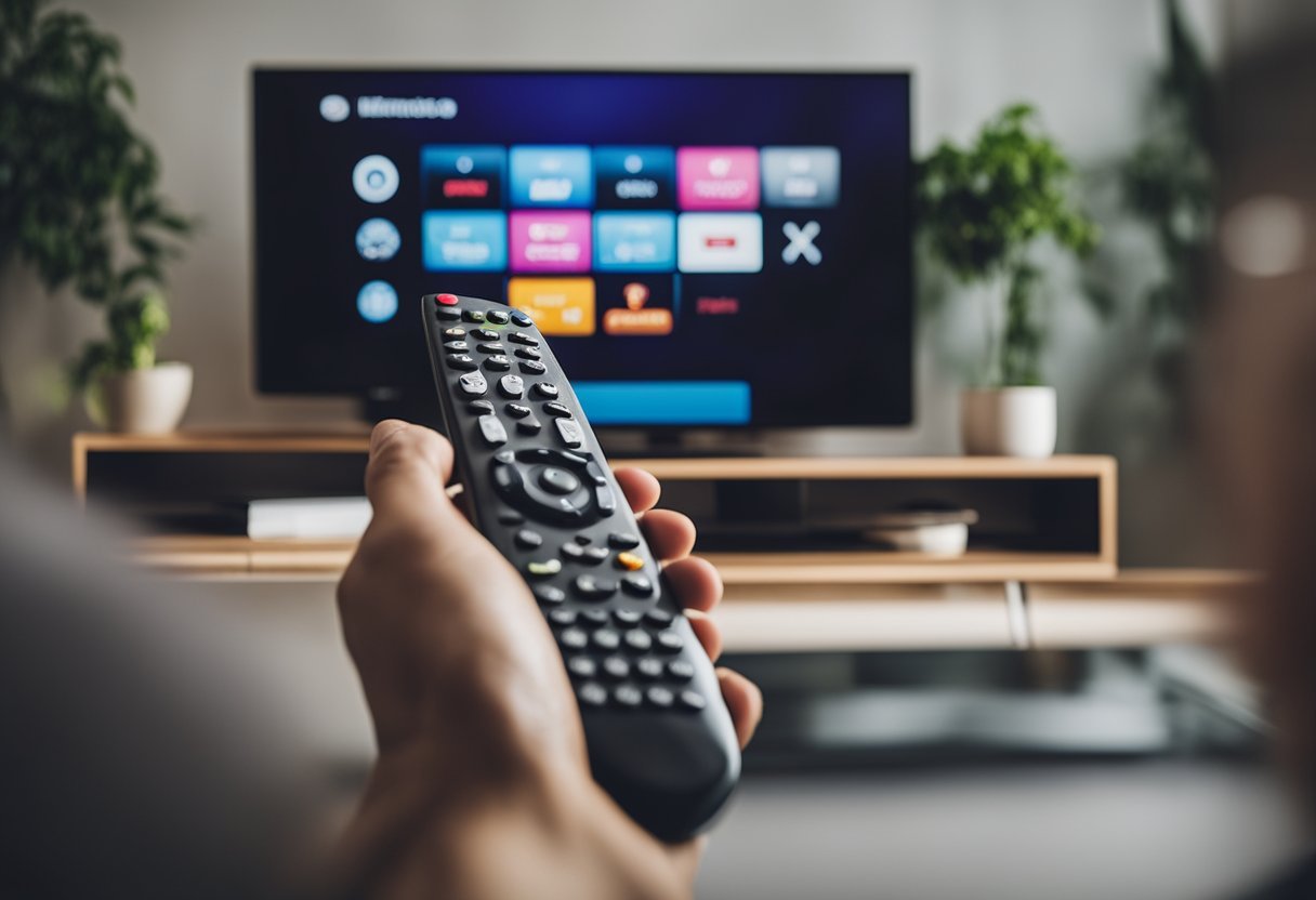 A hand holding a remote control, pointing it towards a television screen displaying an IPTV setup menu with options for subscription and activation