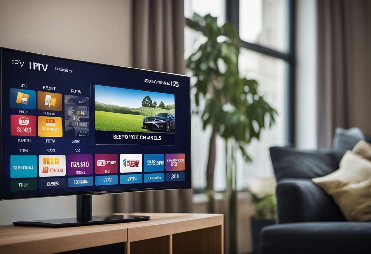 A TV screen displaying various IPTV channels with a remote control nearby. A subscription card is placed next to the TV