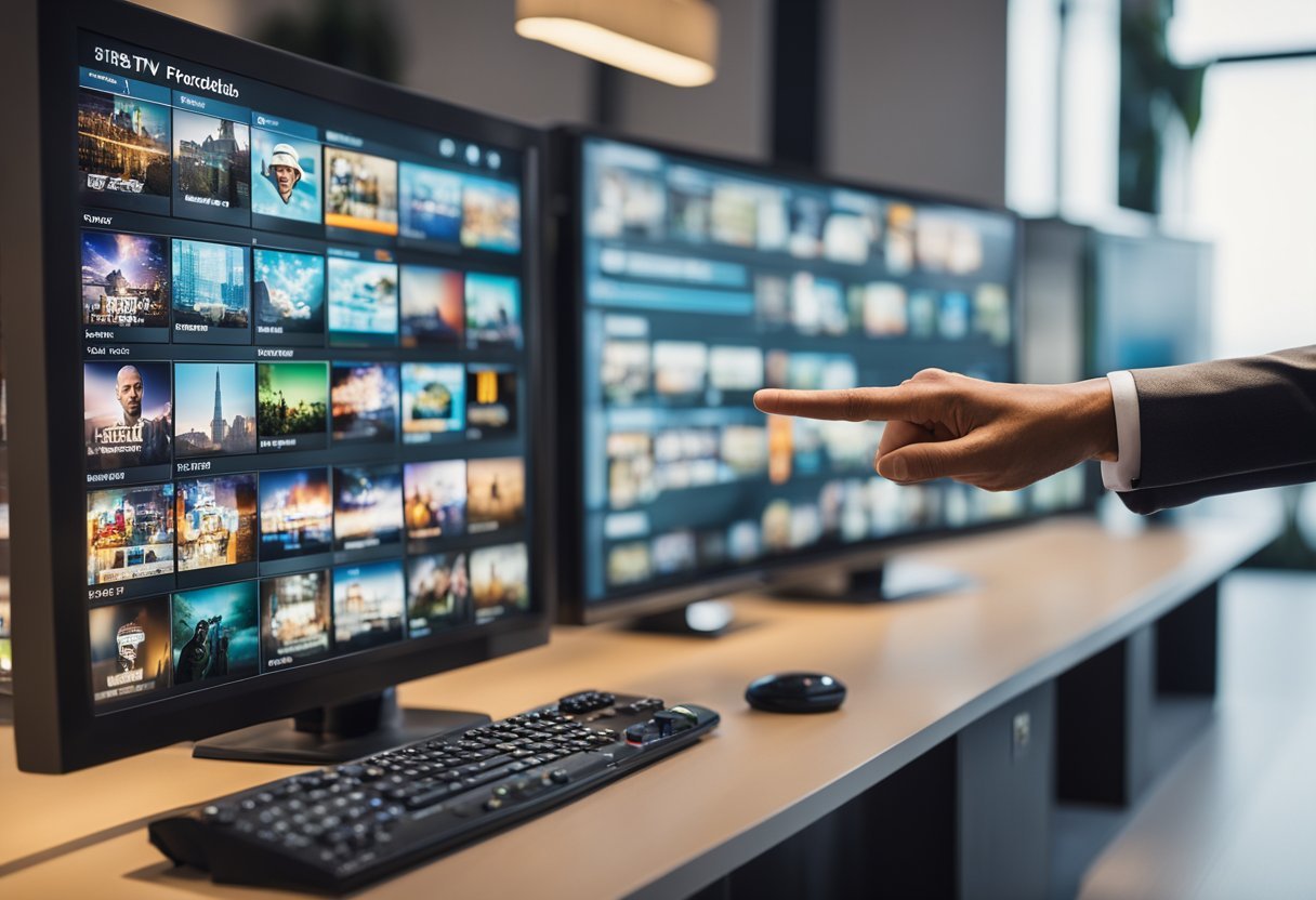 A person pointing to a list of IPTV providers, with various options and prices displayed on a screen